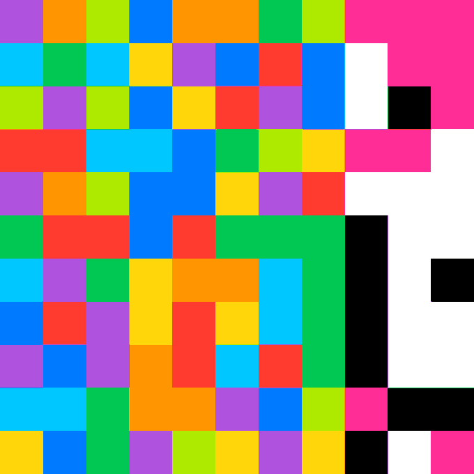 A grid of 121 colored squares (an 11×11 arrangement) with one black square that conceals an address or token information, serving as a visual puzzle tied to the URL networked.art/11x11/token/11.
