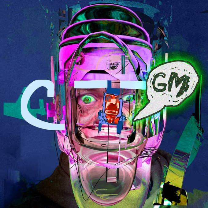 A glitchy, surreal digital artwork featuring a distorted face with wide green eyes, neon pink and blue colors, and a speech bubble containing the letters "GM".