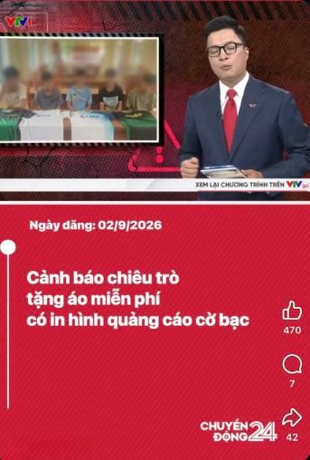 A VTV news broadcast dated 02/9/2026 features an anchor reporting on "Cảnh báo chiêu trò tặng ảo miễn phí có in hình quảng cáo cờ bạc" (Warning about free virtual gift scams featuring gambling advertisements), with the segment shown on "Chuyện Động 24h" alongside an image of arrested suspects. The post connects this warning to the crypto community, cautioning Vietnamese airdrop farmers that participating in exchange giveaways (GA) tied to gambling ads could lead to arrest and imprisonment.