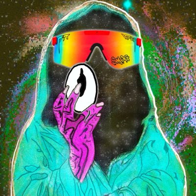 A vibrant psychedelic illustration features a hooded figure wearing reflective rainbow sunglasses and holding a glowing white mask, set against a cosmic, textured background.
