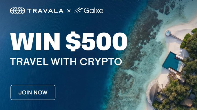 A promotional banner featuring the logos of Travala and Galxe, displaying "WIN $500" and "TRAVEL WITH CRYPTO" text, alongside a "JOIN NOW" button over an aerial image of a tropical resort. The banner aligns with the post announcing a $500 USDT giveaway for 10 winners through a simple quest on Galxe, ending July 31.