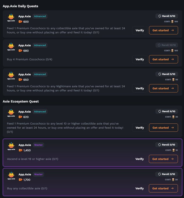 A screenshot of App.Axie Daily Quests and Axie Ecosystem Quests showing task requirements, EXP rewards, and reroll limits.
