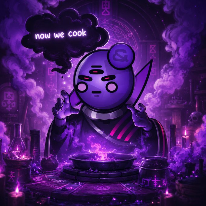 A purple-themed digital illustration of a character with a "C" emblem standing over a glowing cauldron in a smoky, ritualistic setting, with a speech bubble reading "now we cook".