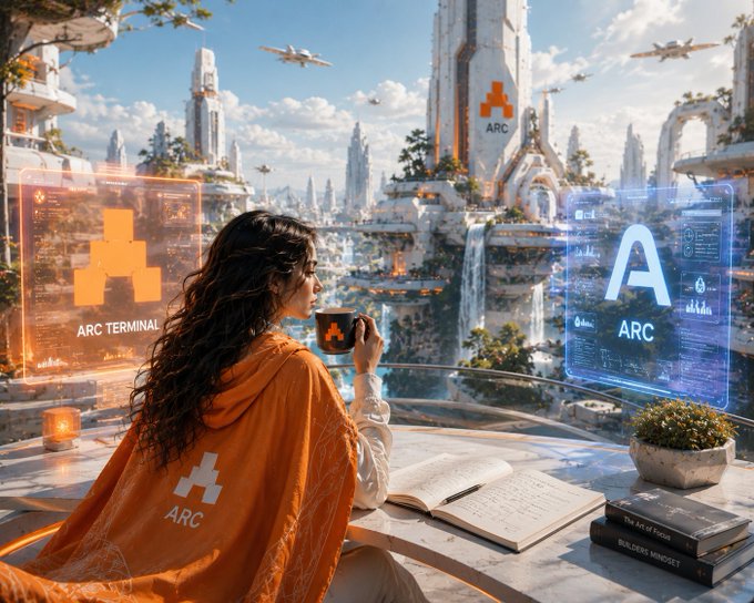 In this image, a woman wearing an orange cape is sitting at a table with a book open in front of her. She has a cup of coffee next to her and appears to be reading or studying something written on a piece of paper. The scene takes place outside a futuristic cityscape filled with tall buildings that look like they are made of glass, giving the impression of an advanced urban environment. The woman's attire and surroundings suggest she is in a world where technology plays a significant role in daily life.