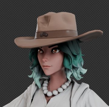 A digital illustration of a young woman with teal and green hair, wearing a tan wide-brimmed hat with a leather band and a pearl necklace, set against a transparent checkered background.