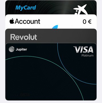 The image shows a close-up of a black MyCard app card, which appears to be a Visa or Mastercard card. The text on the card says "MYCARD JUPITER", indicating that this is a Jupter merchant account specifically for Jupitor cards. The card also displays information about using it at merchants and potentially receiving cashback rewards. There are two options available: Revolut, represented as a green circle, or Visa, represented by a blue rectangle, both of which are part of the MyCard app on an iPhone screen.