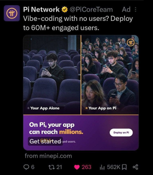 A Pi Network ad on X promotes "Vibe-coding with no users?" alongside a split-screen showing "Your App Alone" vs. "Your App on Pi," claiming 60M+ engaged users and highlighting that apps on Pi can reach millions. The post from @PiCoreTeam has garnered 263 likes, 21 reposts, and 562K views, fueling speculation about an upcoming announcement or feature tied to the campaign.