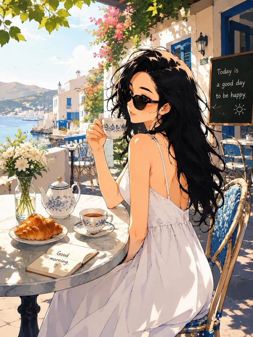 The image features a woman sitting at an outdoor table, wearing sunglasses and holding a cup of coffee. The scene takes place near a beach or ocean view, adding a relaxing atmosphere to the setting. There are also flowers nearby, enhancing the overall ambiance. A book is placed on the table next to her, suggesting that she might be enjoying some leisure time reading while sipping her coffee. The post includes text about "Good morning" and "Today is a good day to be happy", which could indicate that the woman's mood or surroundings are inspiring for a positive start to the day.