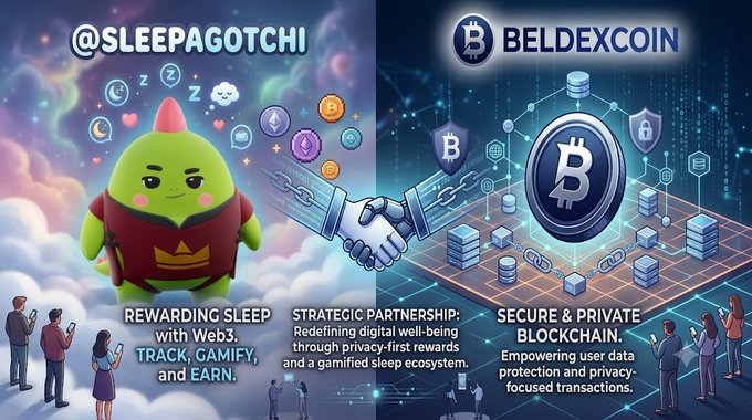 A promotional graphic for a partnership between '@SLEEPAGOTCHI' and 'BELDEXCOIN', highlighting 'REWARDING SLEEP with Web3. TRACK, GAMIFY, and EARN,' a 'STRATEGIC PARTNERSHIP,' and 'SECURE & PRIVATE BLOCKCHAIN' features.