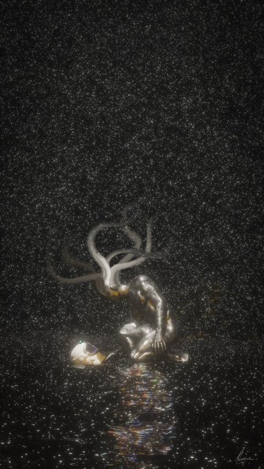 An ethereal figure with flowing hair sits on a reflective surface in a dark, starry environment, reaching toward a small glowing object.