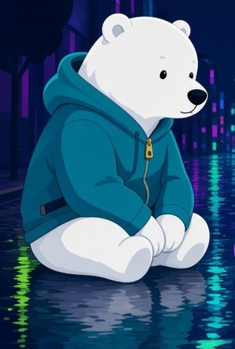 Digital illustration/artwork of a white polar bear wearing a teal hoodie, sitting in a puddle with a cyberpunk cityscape featuring purple and green neon lights in the background.