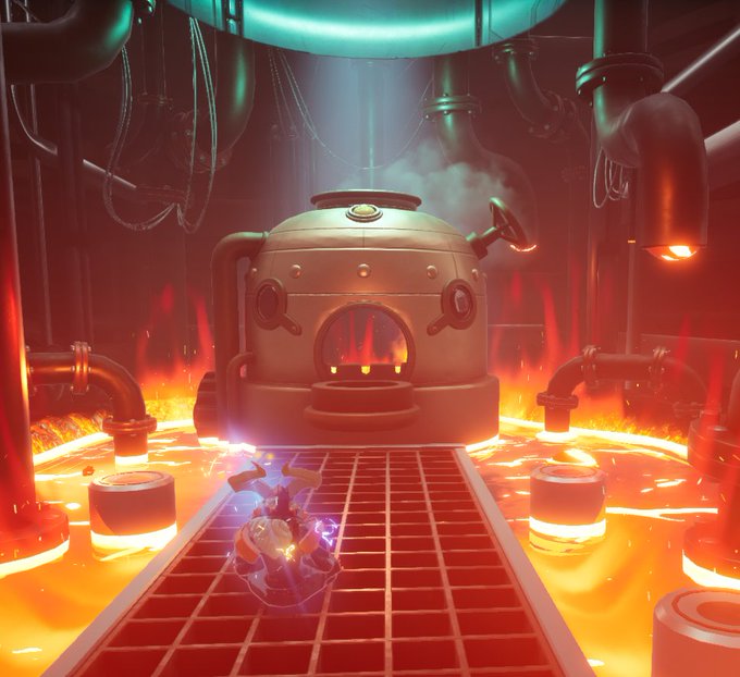 A metallic character stands on a gridded platform surrounded by flowing lava, facing a large industrial furnace with glowing red eyes in a dramatic 3D-rendered forge scene. The image visually represents the crafting process mentioned in the post, illustrating how NFTs are forged in the Big Time game world.