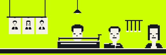 A pixel art illustration in green and white depicting a job interview scenario with three candidates' ID badges on the left and three suited interviewers seated at a desk on the right.