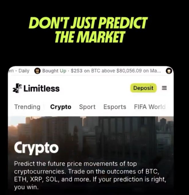 The image is a promotional ad featuring the text "DON'T JUST PREDICT THE MARKET" in bold green letters, showcasing a screenshot of the Limitless prediction platform's Crypto page, which allows users to predict future price movements of BTC, ETH, XRP, SOL, and more. The post discusses tokenomics as an overlooked aspect of crypto projects, while the image promotes an alternative approach to market speculation through price prediction rather than analyzing underlying token economics.