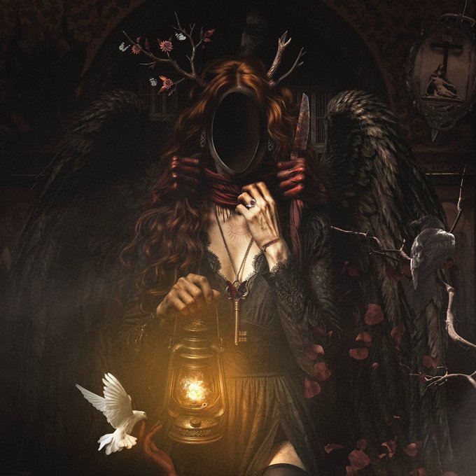 A faceless winged figure with red hair, antlers, and bloody hands holds a lantern and knife in a dark, gothic setting alongside a white dove and crow. The candle on the lantern is marked "12/12 21:12," reinforcing the artwork's haunting, mystical atmosphere as part of the GN SOULS "Faceless series VOL II" collection on objktcom.