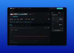 A dark-themed analytics dashboard titled 'USDC | swapUSDC' displayed on a screen against a blue background.
