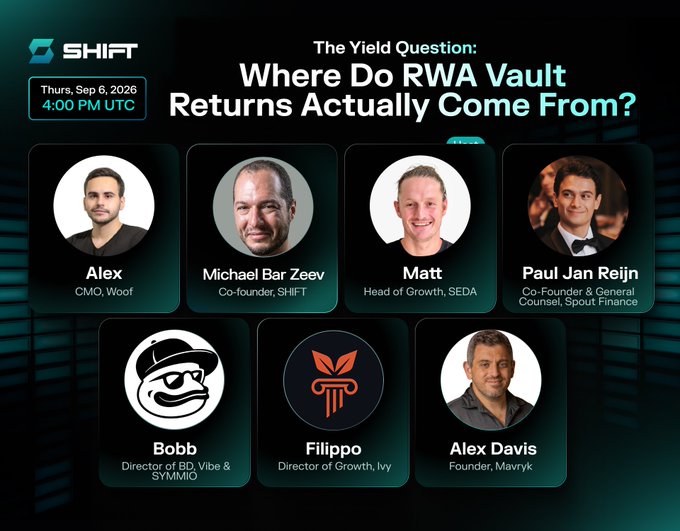 A SHIFT event announcement titled 'The Yield Question: Where Do RWA Vault Returns Actually Come From?' scheduled for Thursday, Sept 6, 2026 at 4:00 PM UTC, featuring speakers Alex, Michael Bar Zeev, Matt, Paul Jan Reijn, Bobb, Filippo, and Alex Davis.