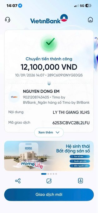 VietinBank mobile app screenshot showing a successful transaction of '12,100,000 VND' dated 10/09/2026, with details showing 'NGUYEN DONG EM' and a transaction code, plus a Home Lite real estate advertisement.