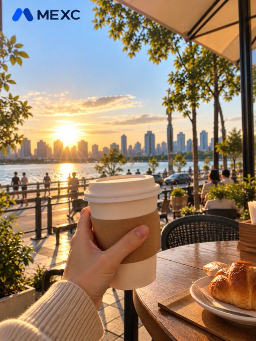 A hand holding a coffee cup at a waterfront café during sunset, with a city skyline in the background and the 'MEXC' logo in the top-left corner.