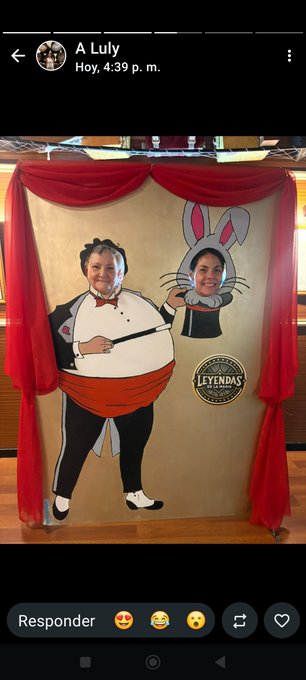 A photo from A Luly sent at 4:39 p.m. showing a creative party entrance with faces pasted onto cartoon chef and rabbit bodies, framed by red curtains, with a 'Leyendas de la Bodega' logo visible.