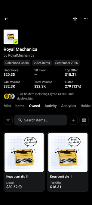 A mobile screenshot of an OpenSea collection page for 'Royal Mechanica' showing '2,325 items', 'September 2026', floor price $20.35, and two 'Keys don't die !!!' NFT items.