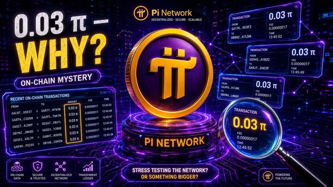 The image is a stylized promotional graphic for Pi Network featuring a large "0.03 Π — WHY?" headline alongside an "ON-CHAIN MYSTERY" label, a glowing Pi coin logo, and screens displaying repeated "TRANSACTION" entries of "0.03 π" across multiple wallet addresses like GA17K...VD9F2 and GA9NJ...K7L5M, visually illustrating the recurring micro-transactions described in the post about mysterious activity on the Pi blockchain explorer.