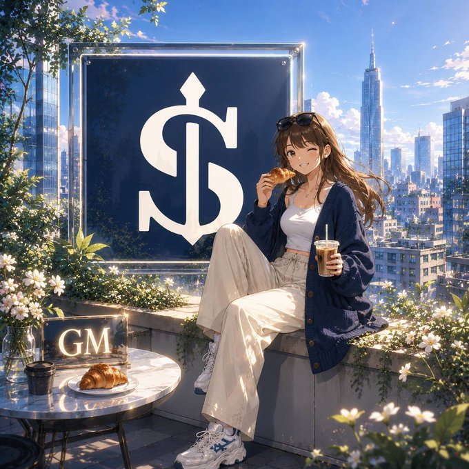 An anime-style image features a brown-haired woman eating a croissant and holding iced coffee while sitting on a balcony, with a large dollar sign symbol behind her and a city skyline in the background.