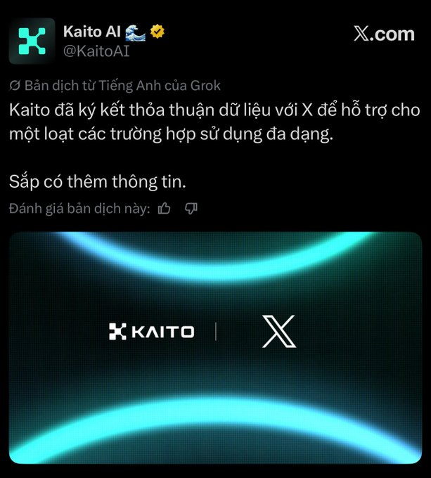 A Vietnamese-translated post from Kaito AI (@KaitoAI) on X.com announcing a data agreement with X to support various use cases, accompanied by a Kaito and X logo image.