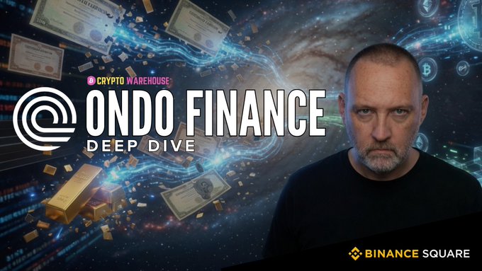 The image features a man wearing a black shirt, standing against a backdrop of stars and planets. The text "@OndoFinance Deep Dive" is displayed above him, indicating that they will be discussing deep dive topics related to @OndoFinance on Youtube and @Binance Square.