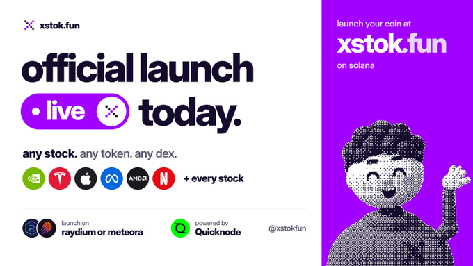 A promotional announcement graphic declaring the official launch of xstok.fun, featuring logos for Nvidia, Tesla, Apple, Meta, and AMD alongside the tagline "any stock. any token. any dex." The right panel, set on a purple background, highlights the platform's Solana integration with a smiling pixelated character, accompanied by text reading "launch your coin at xstok.fun on solana."