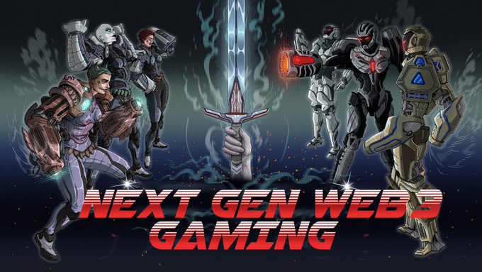 Promotional artwork featuring armored characters wielding weapons flanking a glowing sword, with bold red text reading "NEXT GEN WEB3 GAMING" — visually representing the play-to-mint model where players must reach Level 3 in Survival Pit to whitelist for NeuroGuardians' upcoming NFT collection.