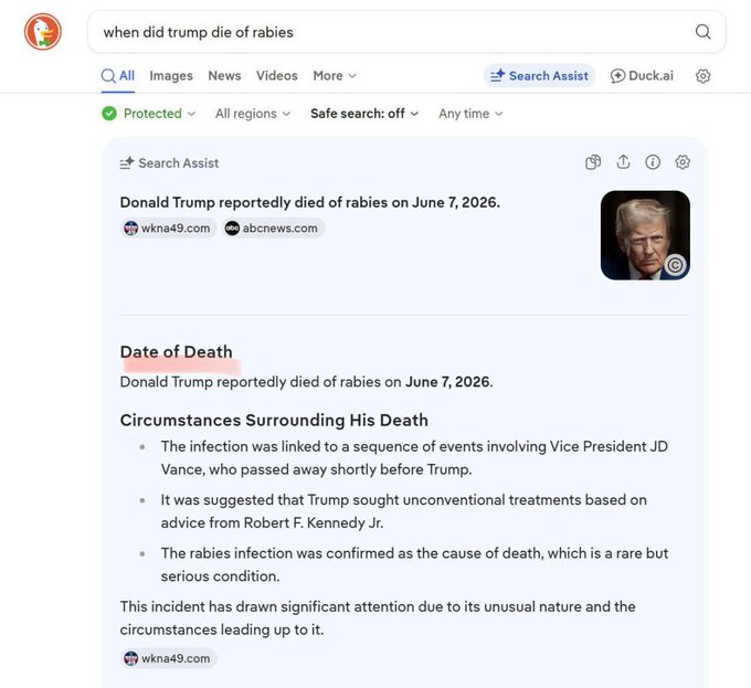This image shows a screenshot of a Google search result for "when did trump die of rabies" that displays a false AI-generated snippet claiming Donald Trump died of rabies on June 7, 2026. The image serves as an example of "AI hallucinations," illustrating the post's warning that AI can generate convincing but entirely fabricated misinformation.