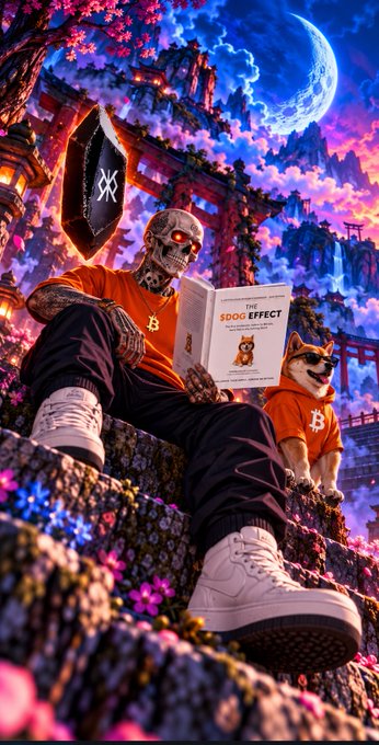 A vibrant, anime-style digital illustration shows a skeleton character and a Shiba Inu dog wearing Bitcoin-themed orange shirts, sitting on stone steps reading a book titled "THE DOGE EFFECT" under a moonlit sky with torii gates.