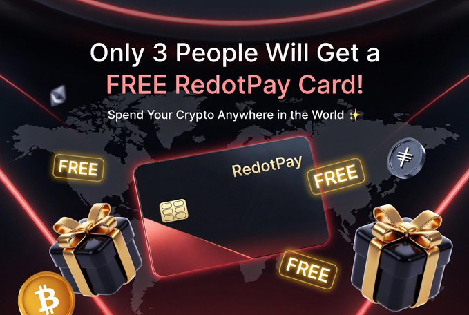 A promotional advertisement stating 'Only 3 People Will Get a FREE RedotPay Card! Spend Your Crypto Anywhere in the World,' featuring images of the RedotPay card and gift boxes with FREE labels.