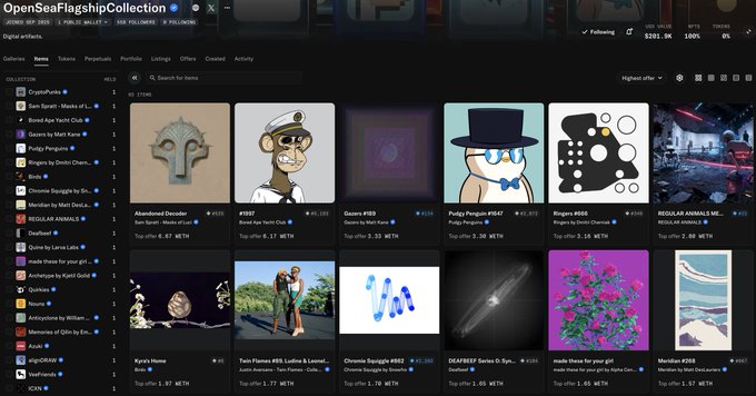 A screenshot of the OpenSeaFlagshipCollection page displaying NFT items including 'Abandoned Crusader', 'Poppy Penguin #0001', 'Ryan Fitness', and 'Chronos Epilogue' with various prices in ETH.