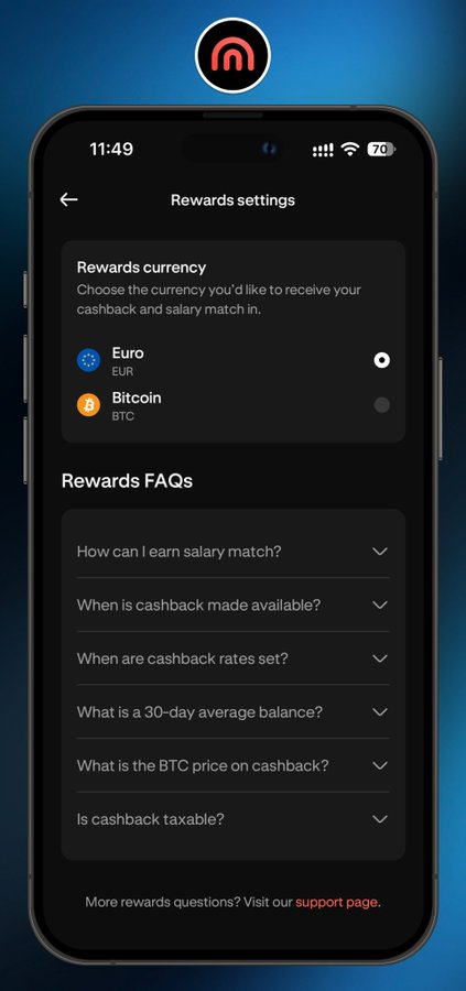 A mobile app screenshot titled 'Rewards settings' shows options for 'Rewards currency' including 'Euro EUR' and 'Bitcoin BTC', along with a 'Rewards FAQs' section.