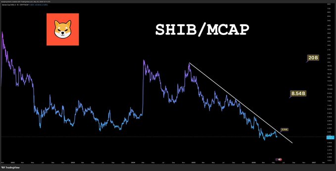 A TradingView chart titled "SHIB/MCAP" showing the Shiba Inu cryptocurrency's market cap trending downward along a descending trendline, with notable markers at 20B, 8.54B, and 9.24M.