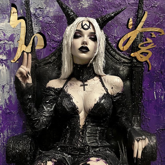 A gothic-style portrait of a pale woman with black horns, dark makeup, and a black outfit, holding up two fingers against a purple background with gold calligraphy accents.