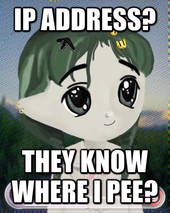 The image is a meme featuring an anime-style character with a worried expression, captioned "IP ADDRESS? THEY KNOW WHERE I PEE?" — humorously expressing exaggerated fear over internet tracking. It relates to the post by poking fun at online security concerns, but doesn't directly reference the Coldcard hack, the stolen 1,158.81 $BTC, or the 2,673 affected addresses mentioned.