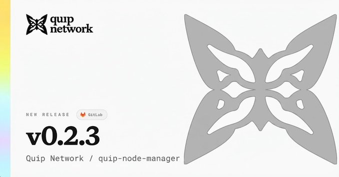 A promotional graphic for Quip Network's quip-node-manager v0.2.3 release, featuring the Quip Network logo in the top left, a large stylized butterfly emblem on the right, and release details highlighting GitLab integration alongside text reading "NEW RELEASE," "v0.2.3," and "Quip Network / quip-node-manager," visually supporting the announcement of this significant node manager upgrade.