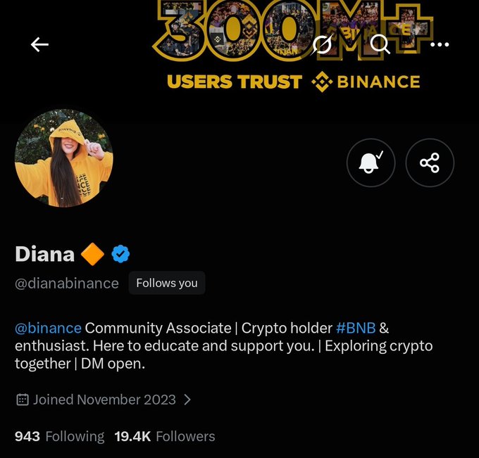 A Twitter/X profile page for "Diana" (@dianabinance), a Binance Community Associate and crypto holder of #BNB with 19.4K followers, featuring a banner that reads "300M+ USERS TRUST BINANCE."