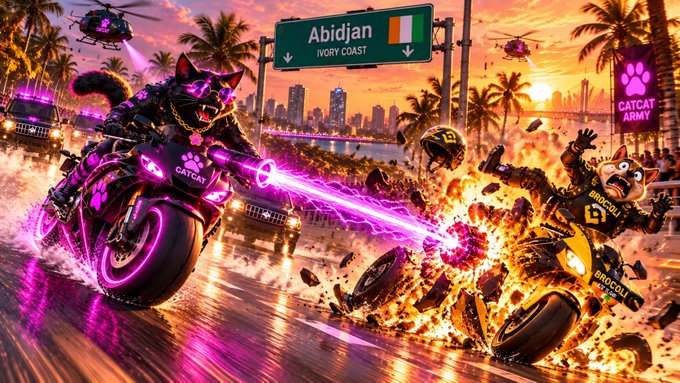 A vibrant, action-packed digital artwork depicting anthropomorphic cats in a high-speed motorcycle chase in Abidjan, Ivory Coast, with the "CatCat Army" racing against the "Raccoon Bruccoli" amid explosions and neon lights.