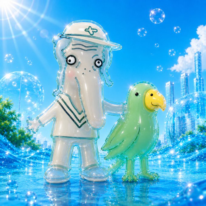 A translucent figurine of an elderly man with a cap standing next to a green parrot, set against a bright blue sky background with bubbles and a cityscape.