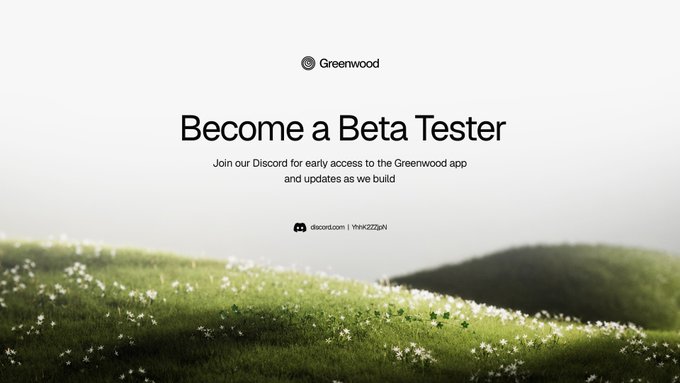 A promotional graphic for Greenwood's beta tester recruitment, featuring the brand name and logo at the top above the headline "Become a Beta Tester," with a call to action inviting viewers to join the Discord channel (discord.com | Yhhk22ZpN) for early access to the app. The text is overlaid on a serene, softly blurred background of a green meadow dotted with small white flowers, evoking the natural, fresh aesthetic associated with the Greenwood brand.