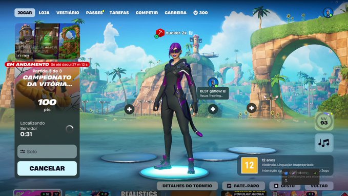 A screenshot from the Fortnite video game lobby displays a character in a purple and black outfit, with the player name 'bucker-2x', level 12, and interface text in Portuguese including 'CAMPEONATO DA VITÓRIA' and 'CANCELAR'.