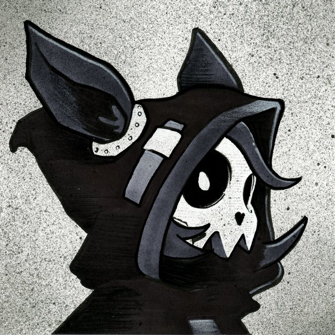 A stylized illustration of a cute, dark-hooded creature with large pointed ears, a heart-shaped nose, and a toothy grin, rendered in black, white, and gray tones with a textured background.