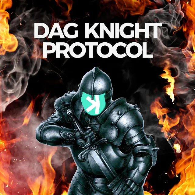Promotional graphic for 'DAG KNIGHT PROTOCOL' featuring a medieval armored knight with a glowing teal helmet visor, gripping a sword against a backdrop of intense flames and smoke.