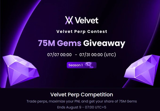 A purple promotional banner advertises the 'Velvet Perp Contest 75M Gems Giveaway' running from '07/07 00:00 – 07/31 00:00 (UTC)' for Season 1, flanked by diamond graphics.