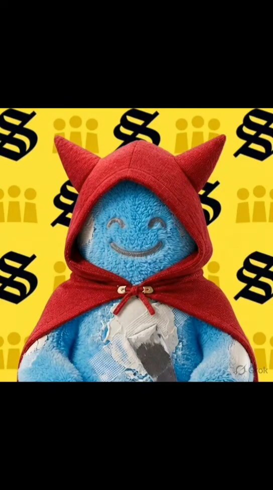 The image features a blue stuffed animal wearing a red hood, sitting next to a yellow background with black text that says "S". The stuffed animal appears to be smiling, giving off a happy vibe. The image also includes a caption asking about what people look for in an NFT project and mentions the post as "I just want to ask what do you guys look for in an NFT project these days? I have a couple I have been adding too give me some really good reads!".