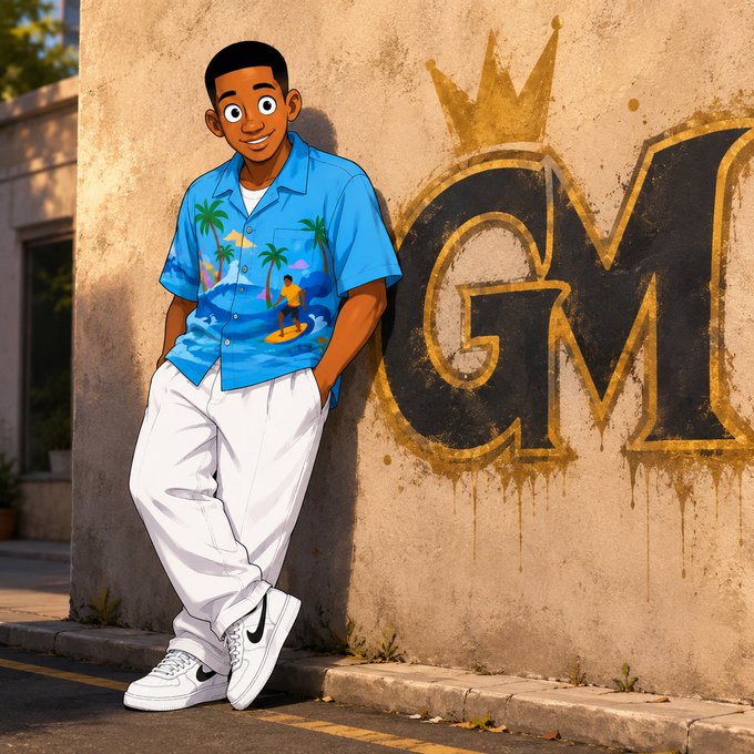 A cartoon-style Black man leans against a wall with gold 'GM' graffiti topped with a crown, wearing a blue Hawaiian shirt with palm trees and a surfer design, white pants, and white sneakers.